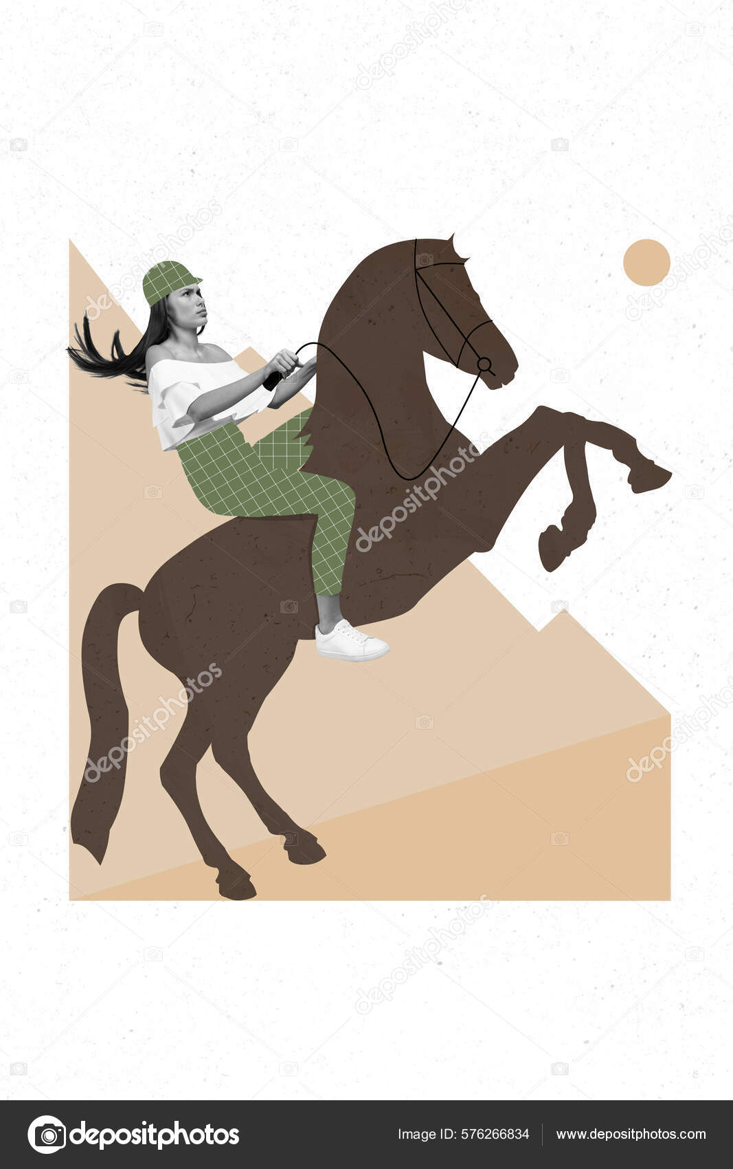 Creativo Retro Revista Collage Serio Confiado Dama Equitación Caballo  Profesional Ilustración de stock #576266834 de ©deagreez1, image size:1067x1700