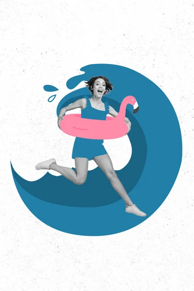 Creative artwork collage of playful lady swim over wave rink flamingo float buoy concept of resort recreation.