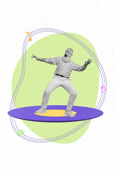 黒と白の効果のコラージュ写真祖父は白い緑の絵の背景に隔離された空飛ぶビニールディスク上で踊る — ストック写真