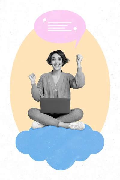 Colagem Criativa Preto Filtro Branco Millennial Sit Cloud Uso Netbook — Fotografia de Stock