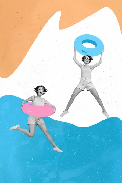 Collage graphics poster advert of two black white filter ladies hold swim rubber rings summer resort enjoyment concept.