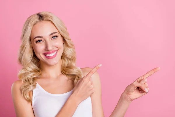 Portrait Attractive Cheerful Blond Girl Demonstrating Copy Space Look Isolated — Stock Photo, Image