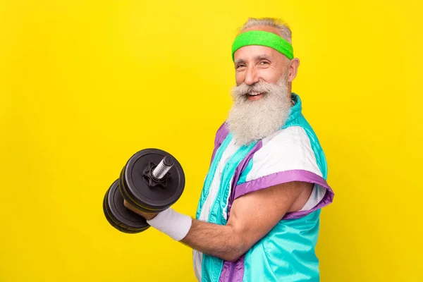 Profile Photo Sportive Cheerful Person Arm Hold Lift Dumbbell Motivation — Stock Photo, Image