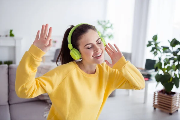 Photo Funny Dreamy Positive Carefree Lady Enjoy Party Dance Wear — Stock Photo, Image