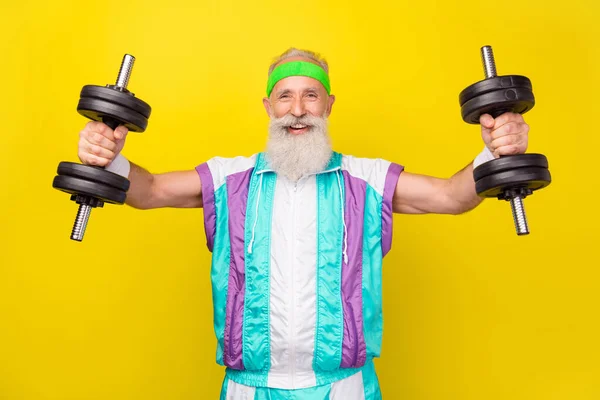 Photo Positive Satisfied Aged Person Hands Hold Dumbbells Wear Condensed — Stock Photo, Image