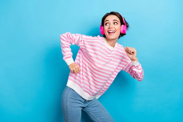 Photo Cute Lady Fooling Dancing Wireless Headset Have Fun Playful — Stock Photo, Image