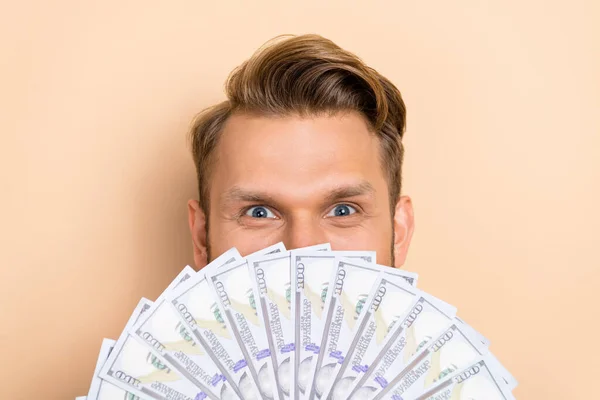 Close Photo Young Person Banknotes Covering Half Face Eyes Peek — Stock Photo, Image