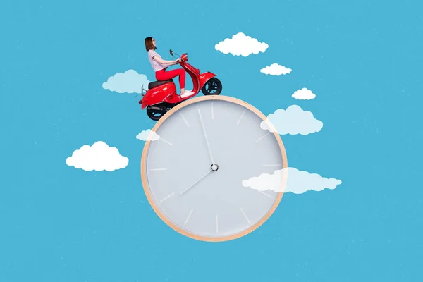 Collage Compuesto Retrato Persona Conduciendo Ciclomotor Enorme Reloj Nubes Cielo —  Fotos de Stock
