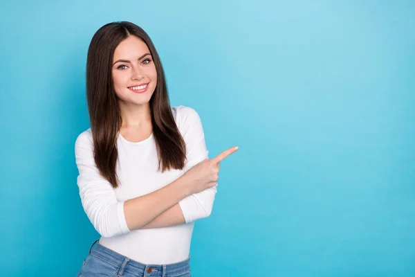 Portrait Attractive Cheerful Girl Showing Copy Blank Empty Space Offer — Stock Photo, Image