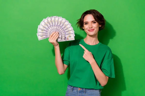 Retrato Senhora Bonita Bem Sucedida Notas Dólares Diretos Isoladas Fundo — Fotografia de Stock