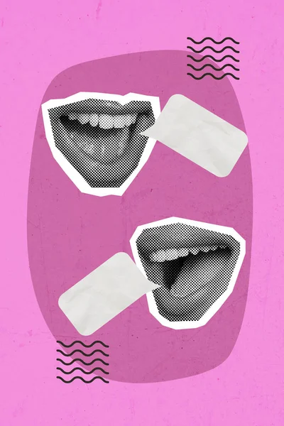 两个嘴共享新奇概念的时髦海报拼贴 与明亮的粉色背景相分离的购物公告 — 图库照片