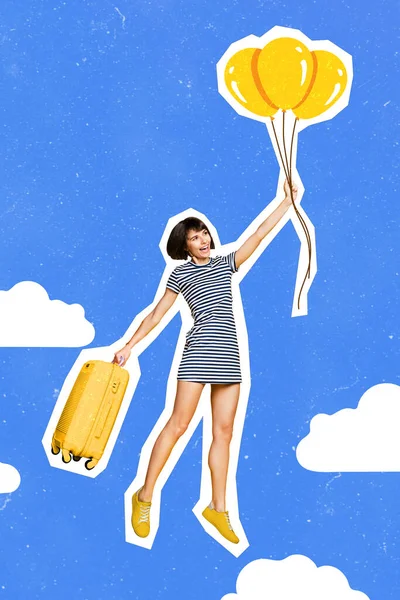 Fotografía Collage Creativo Una Joven Mujer Viajando Sosteniendo Globos Volando — Foto de Stock