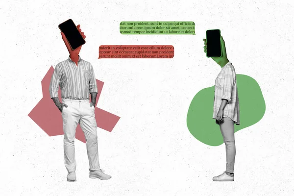 Kreative Banner Collage Von Schrägen Zwei Freunde Gadget Gesicht Kommunizieren — Stockfoto