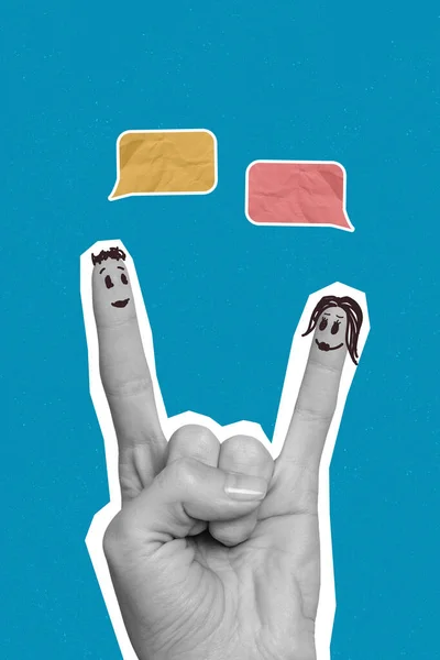 有创意的海报拼贴人的手使摇滚标志想象两根手指彼此独立互动 — 图库照片