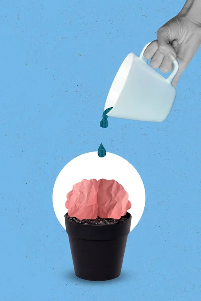Vertical collage portrait of big arm black white colors hold cup pouring information water brain pot growth isolated on drawing blue background.