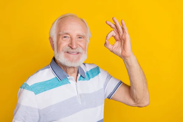 Portrait Attractive Cheerful Grey Haired Man Showing Sign Advert Isolated — Stock Photo, Image