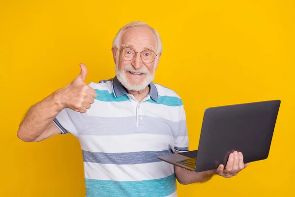 Retrato Atraente Homem Grisalho Intelectual Alegre Usando Laptop Mostrando Polegar — Fotografia de Stock