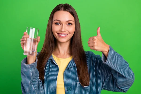 Portrait Positive Nice Lady Hold Water Glass Arm Finger Show — Stock Photo, Image