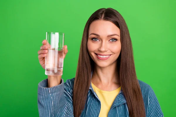 Portrait Pretty Positive Lady Arm Hold Water Glass Toothy Beaming — Stock Photo, Image