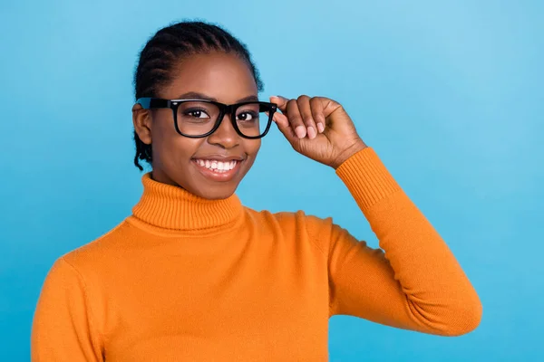 Portrait Attractive Cheerful Content Intelligent Girl Touching Specs Isolated Bright — Stock Photo, Image