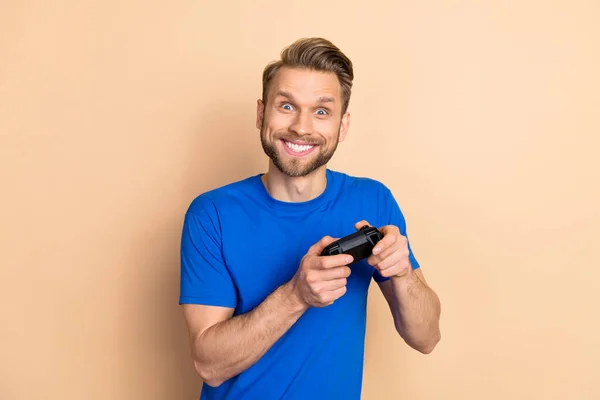 Portrait Satisfied Glad Man Hold Controller Playing Games Toothy Smile — Stock Photo, Image