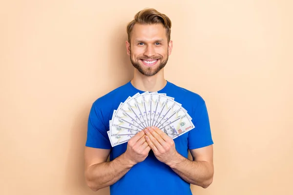 Portrait Positive Nice Person Hold Hundred Banknotes Look Camera Isolated — Stock Photo, Image