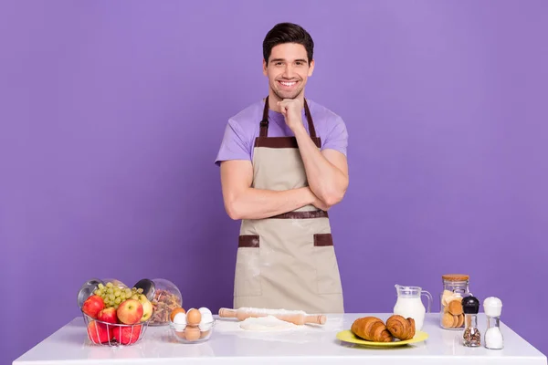 Photo of satisfied person hand chin toothy smile look camera isolated on violet color background.