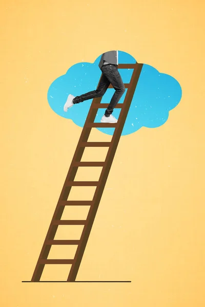 Vertikální Koláž Obrázek Chlapa Lezení Žebřík Modrá Kresba Nebe Mrak — Stock fotografie