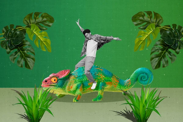 活泼开朗的家伙乘坐蜥蜴狩猎之旅野生动植物丛林绿色背景的创造性图像拼贴 — 图库照片