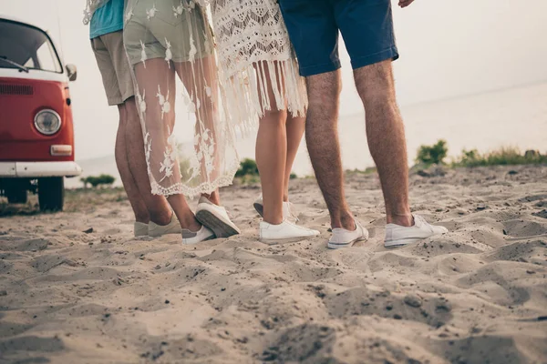 Photo of young company guy feet near the sea minivan holiday trip wear trend cloth outdoors outside.