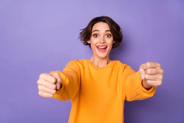 Portrait Attractive Cheerful Funny Girl Driving Invisible Car Having Fun — Stock Photo, Image