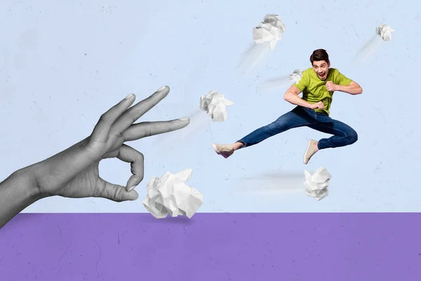 Creative drawing collage image of big hand black white colors shoot kick crumpled paper small guy jump defend fight.