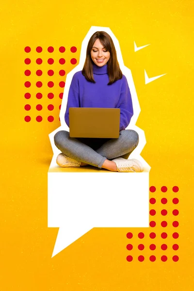 Imagem Colagem Vertical Menina Positiva Sentado Copyspace Diálogo Bolha Usar — Fotografia de Stock