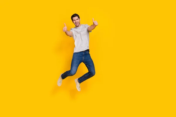 Full Length Body Size View Attractive Cheerful Guy Jumping Giving — Stock Photo, Image