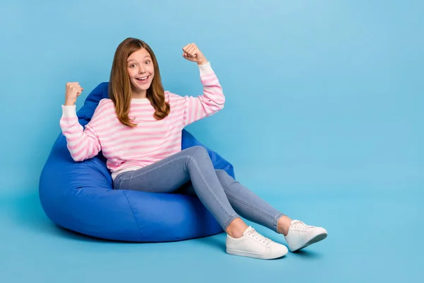 Full Size Portrait Delighted Positive Girl Sit Big Soft Chair — стоковое фото