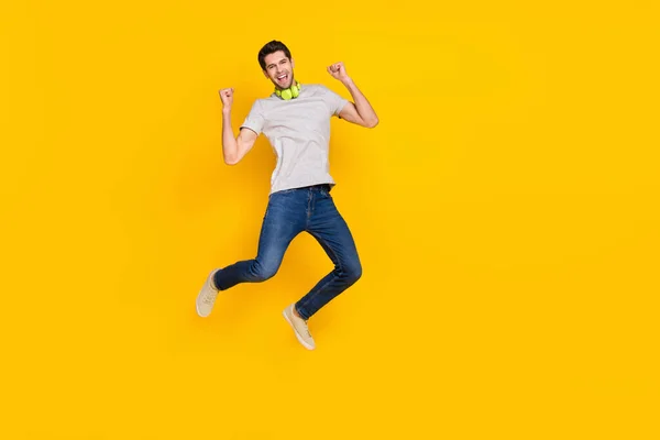 Full Length Body Size View Attractive Cheerful Lucky Guy Jumping — Stock Photo, Image