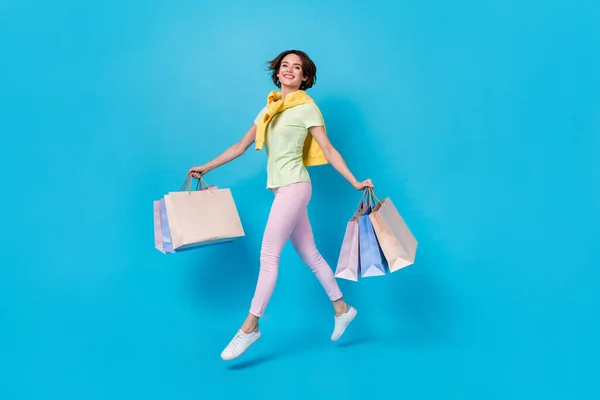 Full Length Photo Pretty Young Brunette Lady Run Shopping Wear — Stock Photo, Image