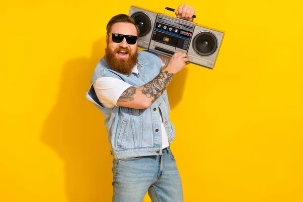 Photo Pretty Excited Man Wear Jeans Waistcoat Arm Dark Eyewear — Stock Photo, Image