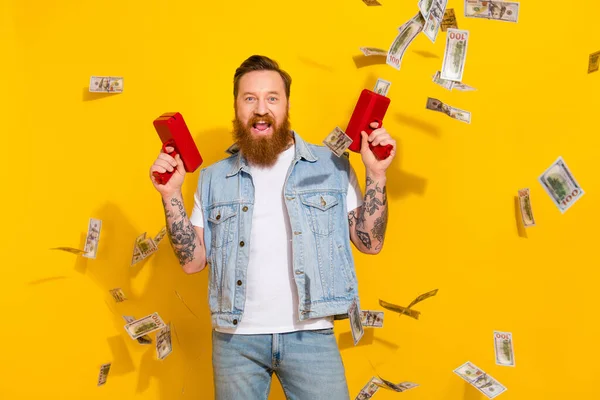 Photo Funky Excited Guy Dressed Denim Vest Shooting Money Flying — Stock Photo, Image