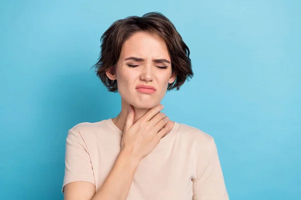 Portrait Young Negative Mood Woman Touch Neck Sore Throat Feel — Stock Photo, Image