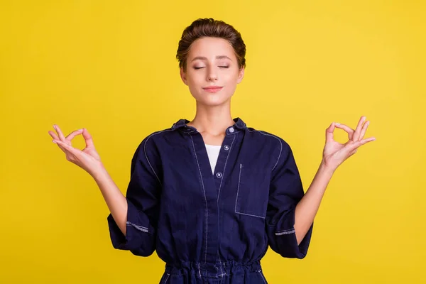 Portrait Attractive Dreamy Focused Girl Meditating Serenity Isolated Bright Yellow — Stock Photo, Image