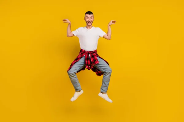 Full Length Body Size Photo Man Jumping Fooling Childish Isolated — Stock Photo, Image