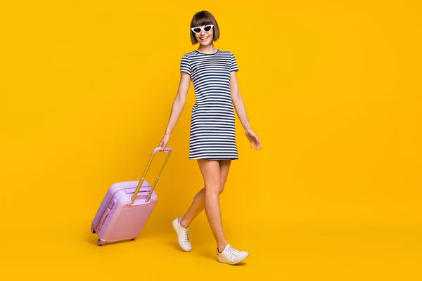 Full Size Photo Funky Brunette Millennial Lady Bag Wear Striped — стоковое фото