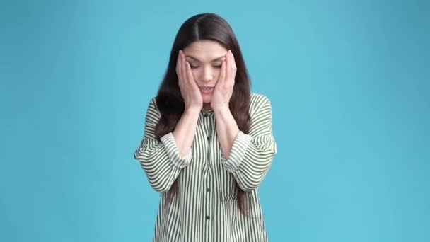 Lady Feel Overwhelmed Suffer Severe Head Pain Isolated Blue Color — Stock Video