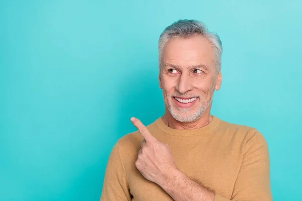 Portrait Satisfied Aged Man Look Direct Finger Empty Space Proposition — Stock Photo, Image