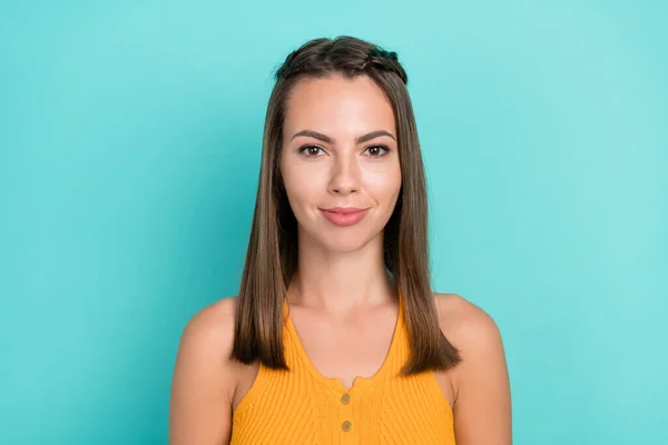 Photo Happy Positive Young Woman Smile Good Mood Wear Yellow — Stockfoto