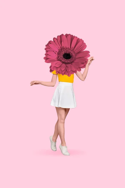 Creative abstract template graphics image of girl pink flower instead of head walking wear mini skirt isolated pink color background.