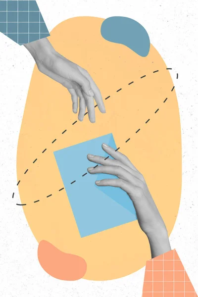Artwork Κολάζ Εικόνα Των Δύο Χέρια Άτομα Δίνουν Λάβει Μπλε — Φωτογραφία Αρχείου