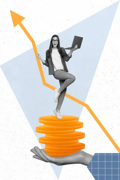 エキサイティングな経済学者の女性の創造的なポップポスターのコラージュは コインを描画する上で立つ使用純資金増加統計 — ストック写真