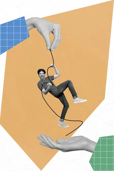 創造的なレトロな3D雑誌コラージュの男クライミングロープアップ保持によってパーム腕孤立描画背景 — ストック写真